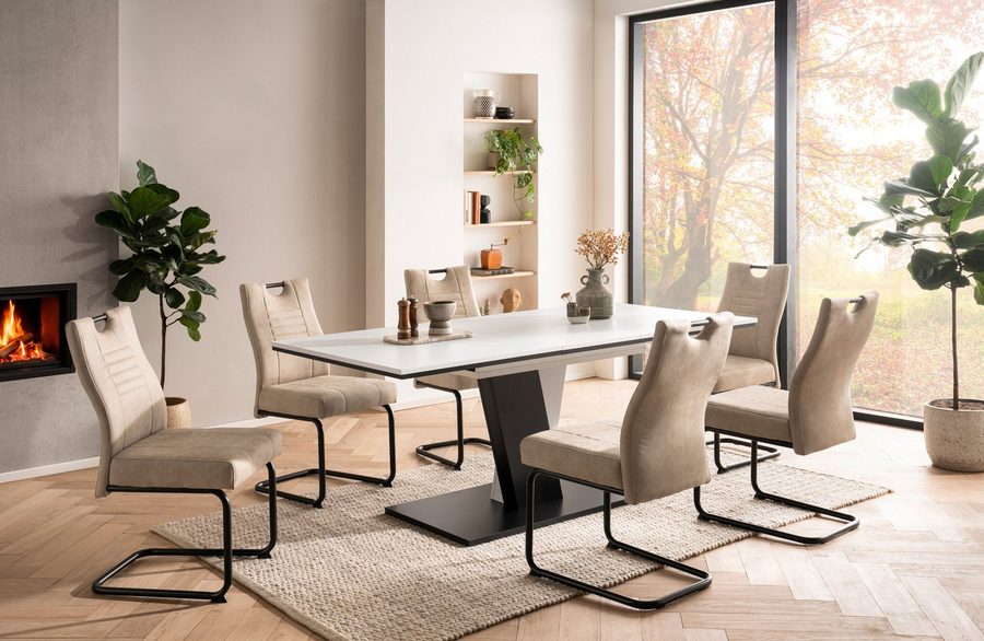 OTTO home Essgruppe "Altona", Esstisch ausziehbar plus 6 Stühle, (7-tlg., Esstisch ausziehbar 140 - 180 cm, 6 Freischwinger), Säulentisch 140-180x90 cm, Stuhl mit Federkorb, 140 kg belastbar