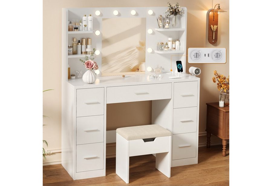 HOMALL Schminktisch mit Spiegel, LED-Beleuchtung, einstellbare Helligkeit, ostern (Langex Brete x Hthe) 90/110 x 40x 135 cm. B ofene Facher (2 seitiche Facher sind nach inks und rechts verschiebban. 2 groBe Schubladen) von HOMALL