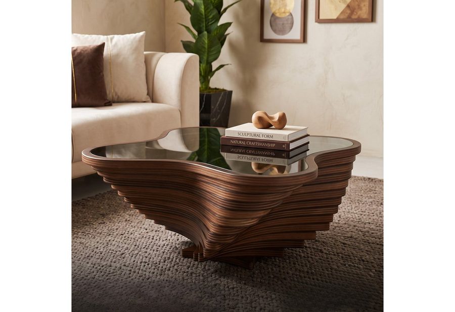 alesvelt Couchtisch Couchtisch rustikal handgefertigt Nussbaum Beistelltisch Glasplatte (1-Tisch), 90x90x39cm handgefertig Unikat Wellen-Optik MDF