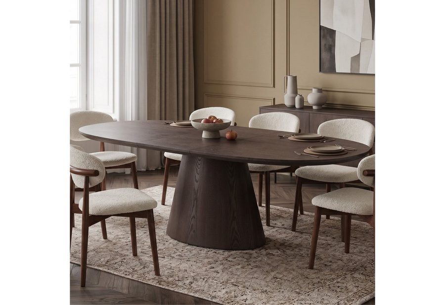 alesvelt Esstisch Ausziehbarer LIAM Oval mit Säulenfuß 160–200 x 100 cm braun/hellbraun (1-Tisch), 160x100x75cm 200x100x75cm aufklappbar