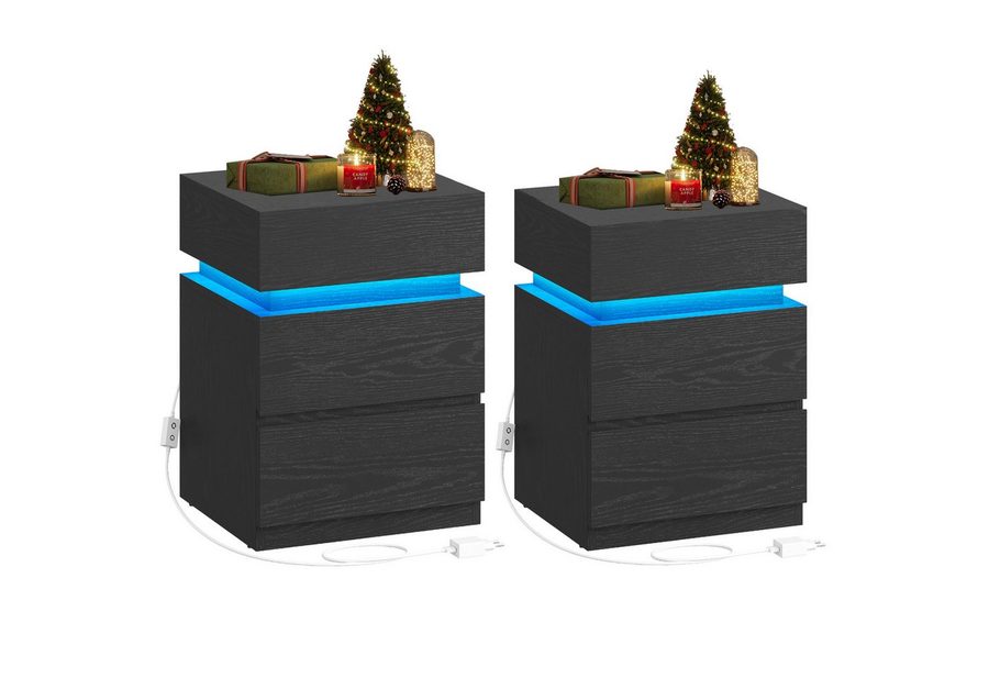 VASAGLE Nachttisch 1/2er Set Beistelltisch, 3 Schubladen (2-St), 40 x 35 x 55 cm, LED-Beleuchtung, modern, kleiner Tisch von VASAGLE