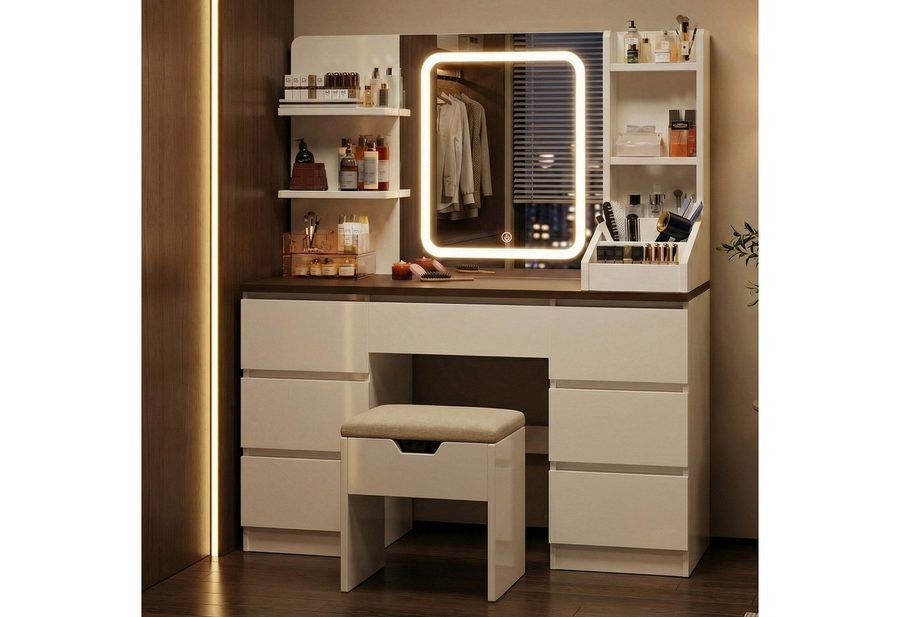 HOMALL Schminktisch Eingebaute LED-Beleuchtung, einstellbare Helligkeit, mit 7 Schubladen (Maße: 110 × 40 × 139 cm, mit verstellbarer LED-Spiegelbeleuchtung, drei wählbare Farbtöne + stufenlose Dimmung, 8 offene Ablagefächer + 7 Schubladen (Schubladenhöhe 20 cm), in verschiedenen Farben erhältlich (Weiß/Schwarz/Rosa/Hochglanzweiß/Hochglanzgrau/Retro-Weiß), im Set mit Hocker) von HOMALL