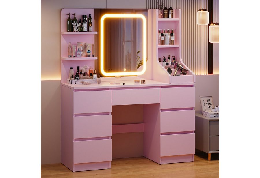HOMALL Schminktisch Eingebaute LED-Beleuchtung, einstellbare Helligkeit, mit 7 Schubladen (Maße: 110 × 40 × 139 cm, mit verstellbarer LED-Spiegelbeleuchtung, drei wählbare Farbtöne + stufenlose Dimmung, 8 offene Ablagefächer + 7 Schubladen (Schubladenhöhe 20 cm), in verschiedenen Farben erhältlich (Weiß/Schwarz/Rosa/Hochglanzweiß/Hochglanzgrau/Retro-Weiß), im Set mit Hocker) von HOMALL