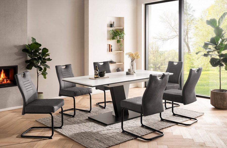 OTTO home Essgruppe "Altona", Esstisch ausziehbar plus 6 Stühle, (7-tlg., Esstisch ausziehbar 140 - 180 cm, 6 Freischwinger), Säulentisch 140-180x90 cm, Stuhl mit Federkorb, 140 kg belastbar