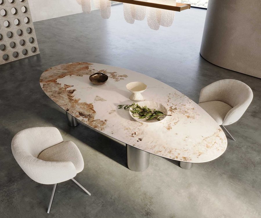 DELIFE Esstisch Edge, Oval Keramik Minas Melange Weiß-Beige 280x130 Pilier Edelstahl