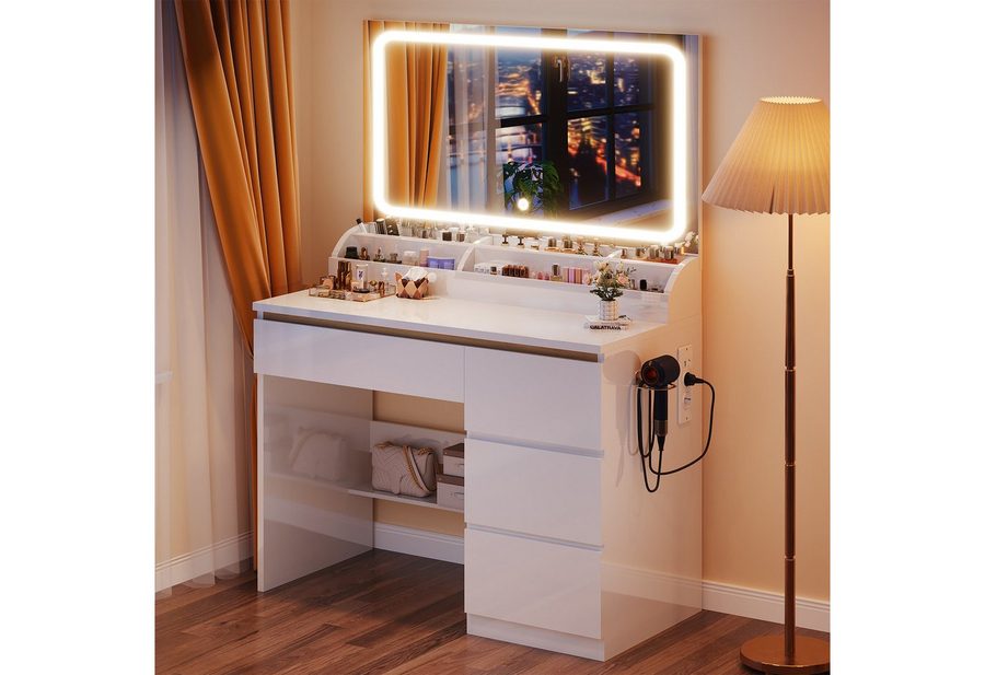 HOMALL Schminktisch Schminktisch mit 80 cm Spiegel und LED-Beleuchtung (Abmessungen: 80 × 40 × 137 cm Mit vier Schubladen und sechs Staufächern Drei einstellbare Farbtemperaturen Zwei USB-Ladeanschlüsse, zwei Netzsteckdosen und eine Halterung für einen Haartrockner) von HOMALL