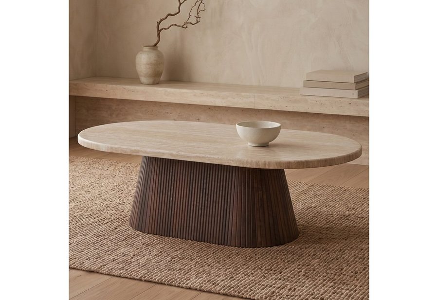 alesvelt Couchtisch Dervio Travertin Tisch mit edlem Tischbein im Säulenstil 130cm (1-Tisch), 130x70x45cm