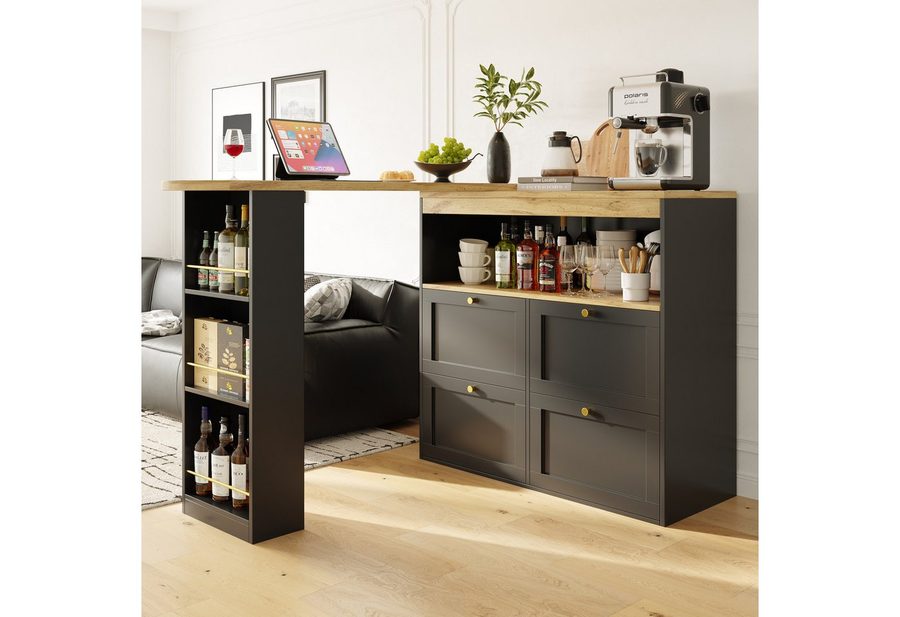 Flieks Bartisch 360° drehbar Stehtisch mit Sideboard (Set, 1-St., für Esszimmer/Arbeitszimmer/Wohnzimmer), ausziehbar Esstisch mit Regal und 4 Schubladen Kommode Bistrotisch von Flieks