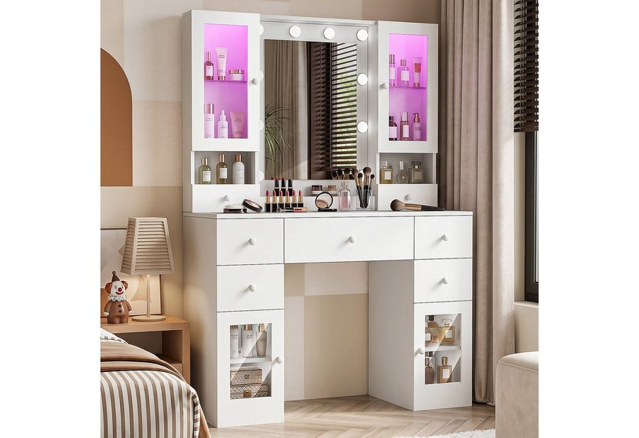 oyajia Schminktisch mit Spiegel und LED-Leuchten, Steckdosenleiste, 5 Schubladen (1 Schränke, 10 dimmbare Glühbirnen, 3 Lichtfarben, 107.5x40x155.5cm), für Ihr perfektes Make-up-Erlebnis von oyajia