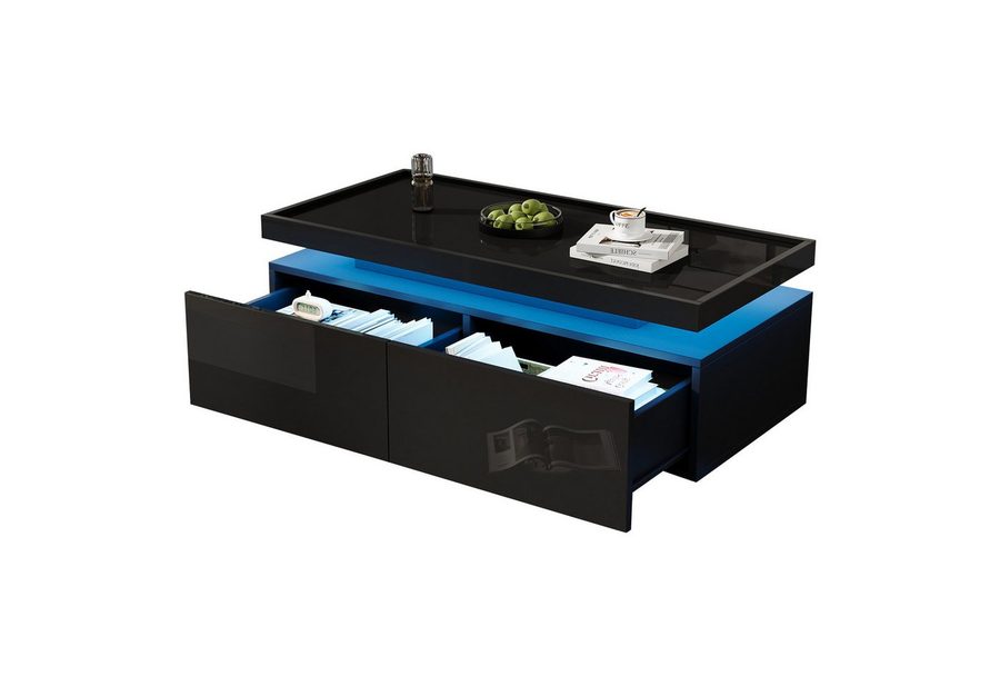 Merax Couchtisch Couchtisch hochglanz Sofatisch Beistelltisch mit LED-Beleuchtung (1-St., 1 Tisch), Wohnzimmertisch mit 2 Schubladen & Ablage, inkl. App, 95x45x35 cm von Merax