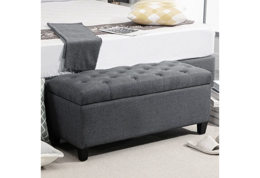 HOMCOM Sitzbank Stauraum mit Leinenoptik, Holzbeine für Flur (Truhenbank, 1-St., Polsterbank), Schlafzimmer, Wohnzimmer, Gummiholz, Dunkelgrau, 100 x 40 x 44 cm von HOMCOM