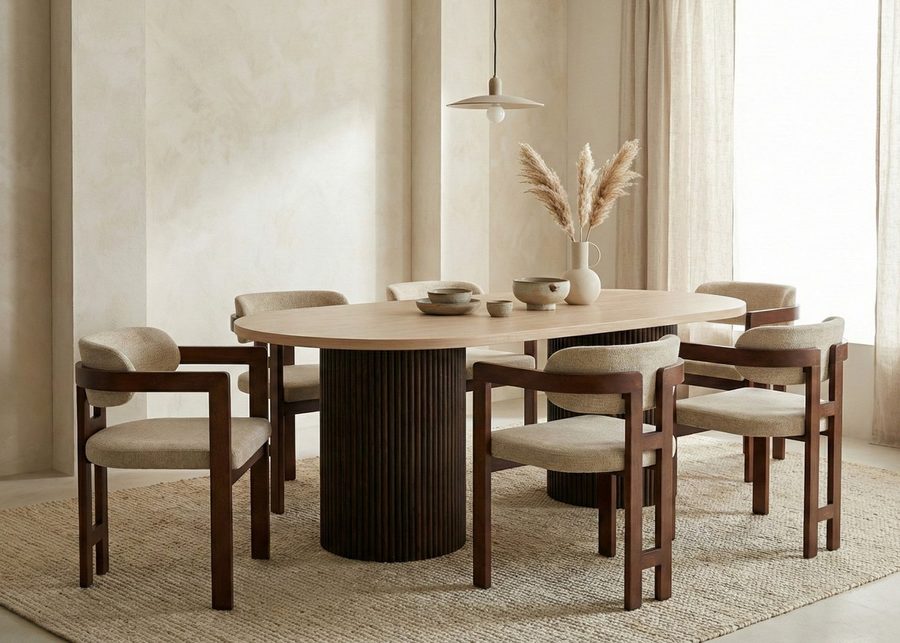 alesvelt Esstisch Trivento oval massive Tischplatte im Travertin Design Säulenstil (1-Tisch), Tischbeine im Säulenstil, 200x100x75cm
