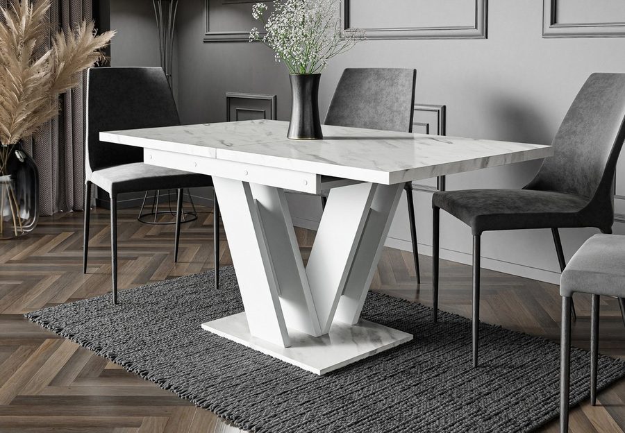 Home Collective Esstisch ausziehbar Tisch Küchentisch Esszimmertisch Ausziehtisch (Esszimmer Küche Wohnzimmer Esstisch erweiterbar), modernes Design mit V-Gestell, 120-160x80 cm Weiß Marmor-Optik