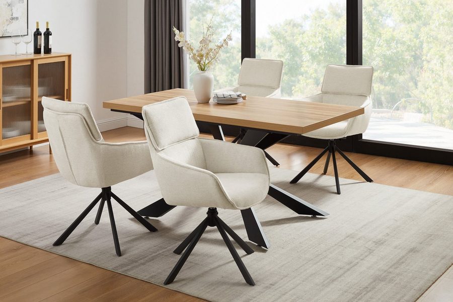 OTTO home Essgruppe Cusey, besteht aus einem Esstisch und vier Stühlen, (Set, 5-tlg., Stühle drehbar, Esstisch 160 cm, 4 cm starke Tischplatte), kratzfester Tisch in Holzoptik, drehbare Stühlen, atmungsaktivem Stoff