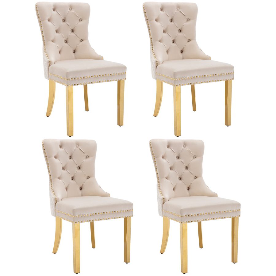 Esszimmerstühle, Set aus 4 Samt Polsterstuhl Nagelkopf Beige 95 cm mit runden Zugringe einzigartig 51×65.5×95 cm   Aosom.de