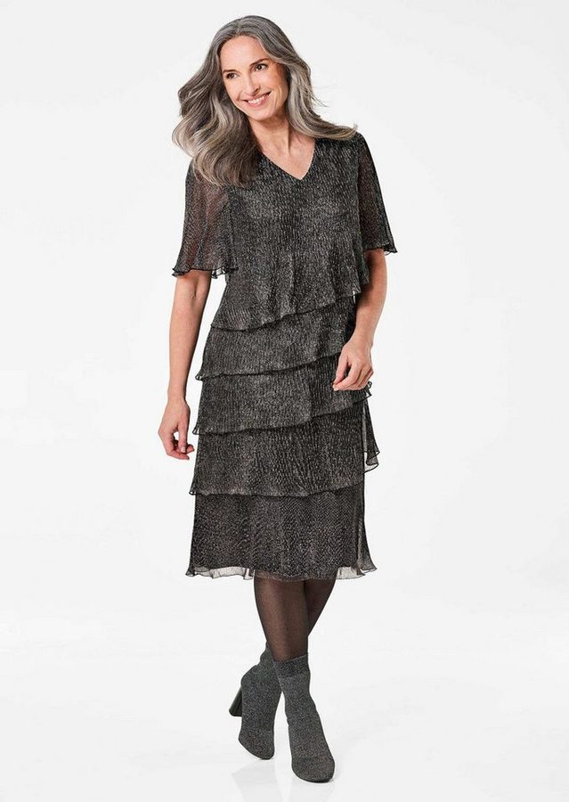 GOLDNER Abendkleid Kurzgröße: Elegantes Abendkleid mit Glanz-Effekt Glanzkleid mit asymmetrische Stufen, V-Ausschnitt und Halbarm