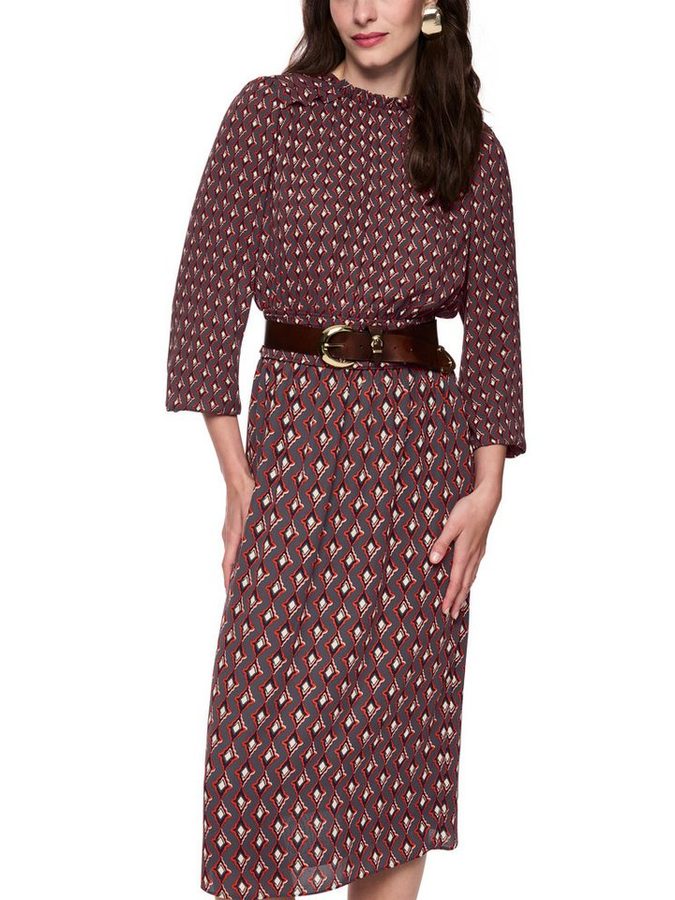 Marc Cain Midikleid Prairie Muse Premium Damenmode bedruckt, Rüschen am Ausschnitt, tailliert