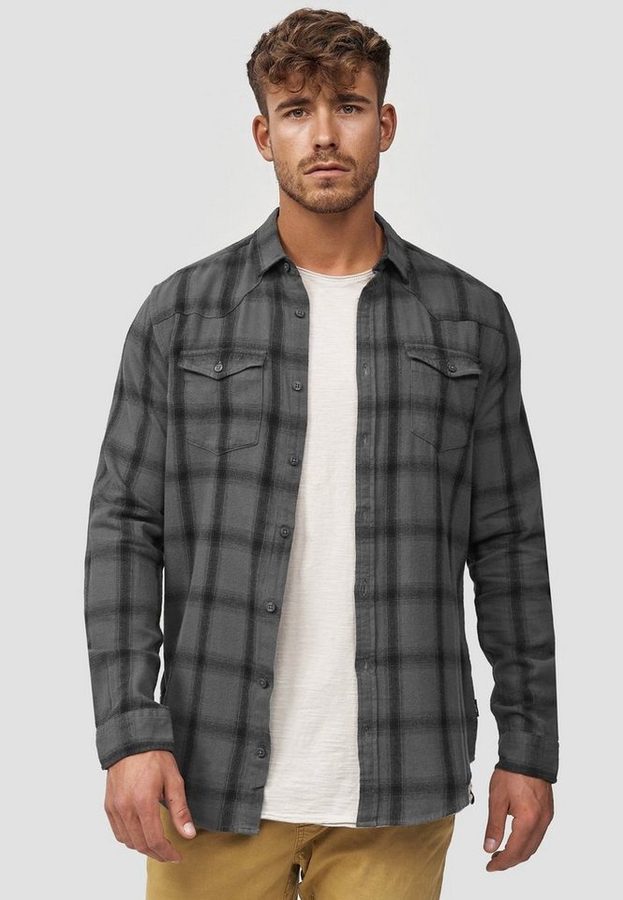 Indicode Langarmhemd Herren Altin Herrenhemd Langarm Flanellhemd im Karo-Design
