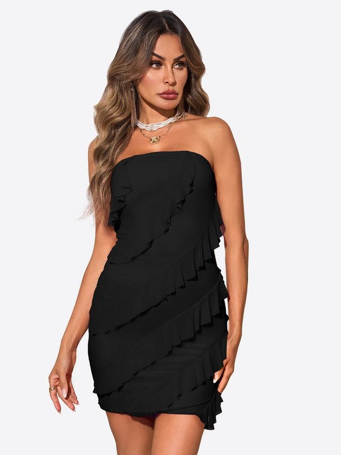 Imily Bela Minikleid Damen schulterfrei ärmellos mit diagonalen Rüschen Club Party (Packung, 1-tlg., 1per-Pack) in Unifarbe