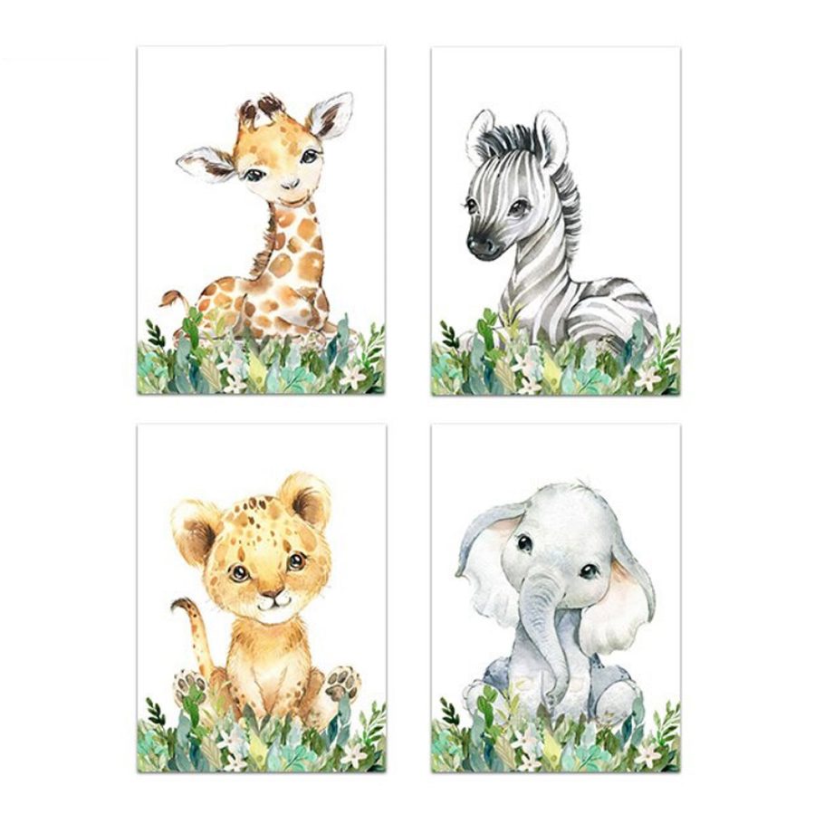 TPFLiving Poster Leinwand / Giraffe, Löwenbaby, Elefant und Zebra für Kinderzimmer - / Verschiedene Größen - OHNE Rahmen - Modell 4pcs - 30x42cm von TPFLiving