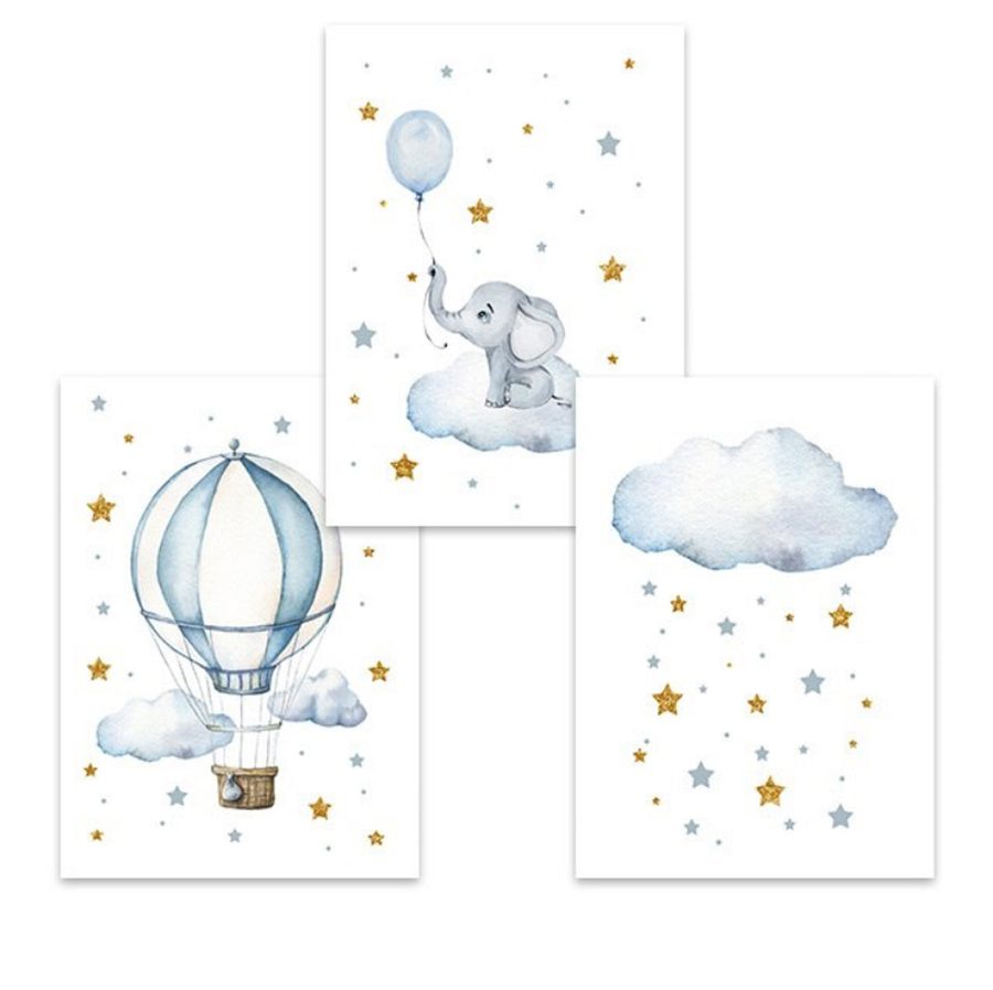 TPFLiving Poster Leinwand / Elefantenbaby, Luftballon, Sterne, Heißluftallon - Für Kinderzimmer - / Verschiedene Größen - OHNE Rahmen - Modell 3-pieces - 30x40cm von TPFLiving