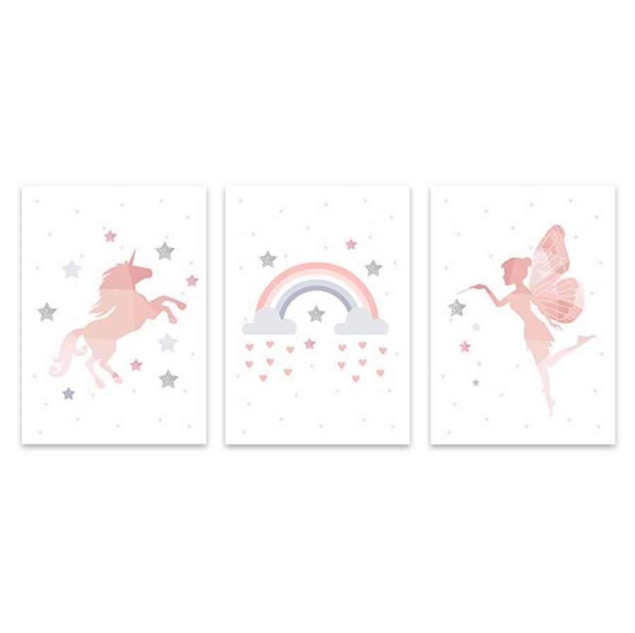 TPFLiving Poster Leinwand / Einhorn, Zauberfee, Regenbogen - Für Kinderzimmer - Auch im 3er Set / Verschiedene Größen - OHNE Rahmen - Modell 3PCS - 60x80cm von TPFLiving