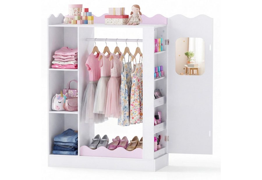 COSTWAY Kinderkleiderschrank mit 2 Spiegeln, offener Kleiderstange, Regalen