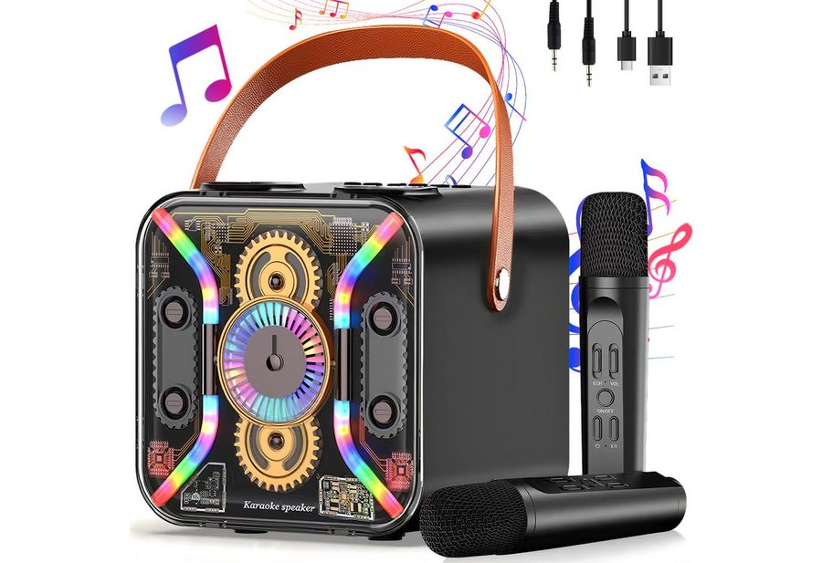 MOPUEA Karaoke-Maschine mit 2 kabellosen Mikrofonen Party-Lautsprecher Bluetooth-Lautsprecher 2 (Bluetooth, Radio, USB, AUX IN, Micro SD Kartenslot, 30 W, Party-Lautsprecher, Karaoke-All-in-One-Maschine, mit Lichteffekten)