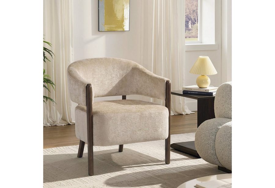 HOMCOM Relaxsessel Loungesessel, Polsterstuhl, für Wohnzimmer, Beige (Schminkstuhl, 1-St., Armlehnstuhl), Eleganter Chenille-Stoff, Massivholzbeine
