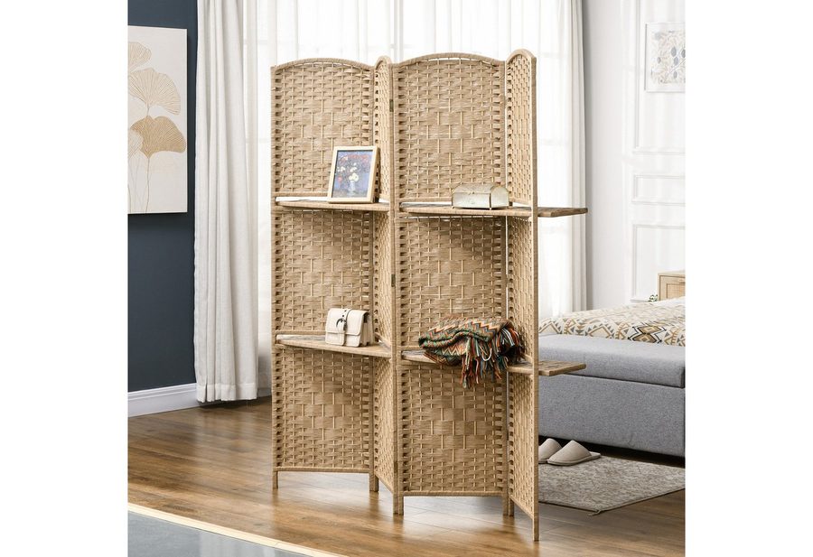 HOMCOM Paravent Raumteiler, 160 x 170 cm, Trennwand, Kiefernholz (Set, 4 St., 4-teilig, mit 2 Regalen), 4-teilig, faltbar, mit 2 Regalböden
