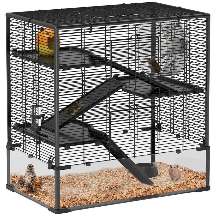 PawHut Hamsterkäfig für Zwerghamster, 4-stufig Nagerkäfig mit Glasboden Laufrad Schwarz von PawHut