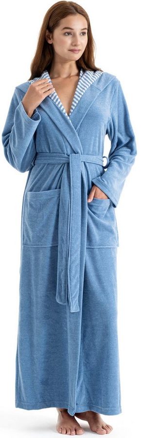 KangaROOS Damenbademantel Dalia, ideal für Sauna & Spa, Standardlänge & Überlänge, Langform, Leichtfrottier, Kapuze, Gürtel, Uni-Farben mit Streifen, Taschen, leicht, XS-3XL, auch in extra lang von Kangaroos
