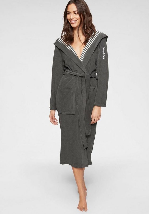 KangaROOS Damenbademantel Dalia, ideal für Sauna & Spa, Standardlänge & Überlänge, Langform, Leichtfrottier, Kapuze, Gürtel, Uni-Farben mit Streifen, Taschen, leicht, XS-3XL, auch in extra lang von Kangaroos