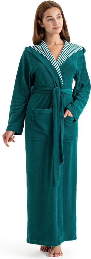 KangaROOS Damenbademantel Dalia, ideal für Sauna & Spa, Standardlänge & Überlänge, Langform, Leichtfrottier, Kapuze, Gürtel, Uni-Farben mit Streifen, Taschen, leicht, XS-3XL, auch in extra lang von Kangaroos