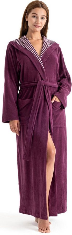 KangaROOS Damenbademantel Dalia, ideal für Sauna & Spa, Standardlänge & Überlänge, Langform, Leichtfrottier, Kapuze, Gürtel, Uni-Farben mit Streifen, Taschen, leicht, XS-3XL, auch in extra lang von Kangaroos