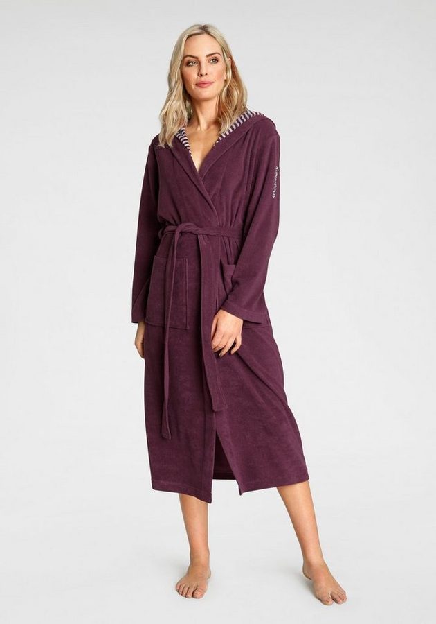 KangaROOS Damenbademantel Dalia, ideal für Sauna & Spa, Standardlänge & Überlänge, Langform, Leichtfrottier, Kapuze, Gürtel, Uni-Farben mit Streifen, Taschen, leicht, XS-3XL, auch in extra lang von Kangaroos