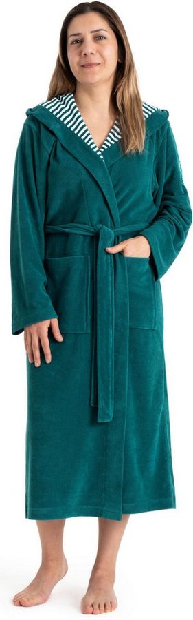 KangaROOS Damenbademantel Dalia, ideal für Sauna & Spa, Standardlänge & Überlänge, Langform, Leichtfrottier, Kapuze, Gürtel, Uni-Farben mit Streifen, Taschen, leicht, XS-3XL, auch in extra lang von Kangaroos