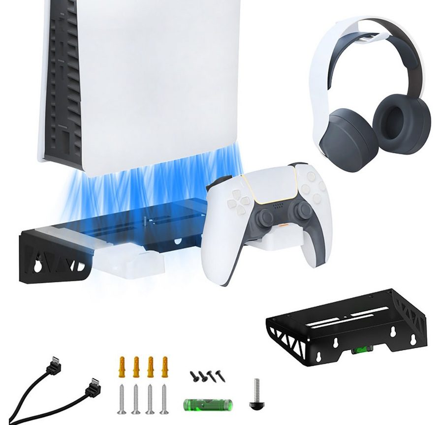 ibettertec Wall Mount Wandhalterung PS5 Slim mit Lüfter mit Controller-Ladegerät Controller-Ladestation (Controller-Ladegerät für PS5, Ladestation PS5 mit Kopfhörerhalterung)