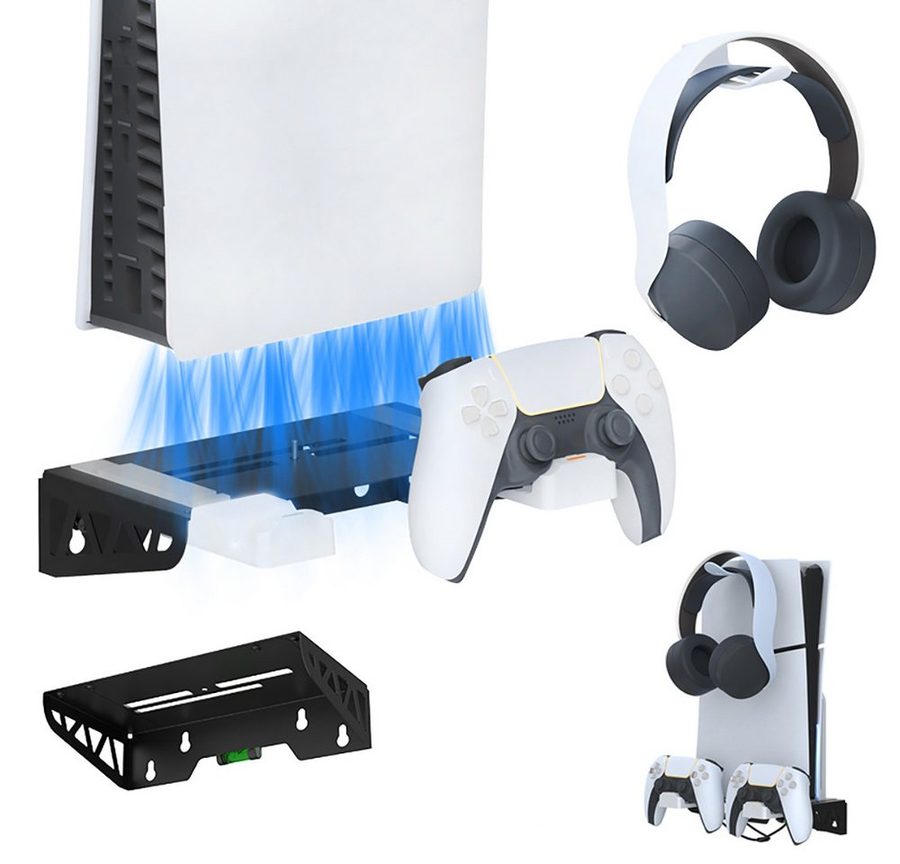 Fyrove Wall Mount Wandhalterung PS5 Slim mit Lüfter mit Controller-Ladegerät Controller-Ladestation (Controller-Ladegerät für PS5, Ladestation PS5 mit Kopfhörerhalterung)