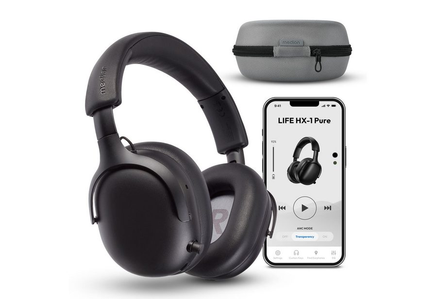 Medion® LIFE HX-1 Pure Over Ear-Kopfhörer (MD43774) Kopfhörer (An/Aus Anzeige, Austauschbare Ohrpolster, AUX-Eingang, Bluetooth, Drahtlos, Drehbare Ohrmuscheln, Integrierte Akku, LED-Beleuchtung, Spritzwasserschutz, USB-Ladefunktion, Bluetooth 5.4, bis zu 100 Stunden Akkulaufzeit, IPX4 Spritzwasserschutz, Bluetooth)