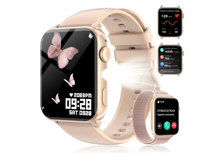 blackview Smartwatch Herren Damen, LED-Leuchte, 350mAh (6 Tage), 2 Armbänder Smartwatch (1.91 Zoll, iOS/Android), mit Wechselband aus weichemSilikon und Ladekabel, Antwort & Anruf tätigen,Herzfrequenz,Schlafmonitor,SpO2,Schritten,IP68 von blackview