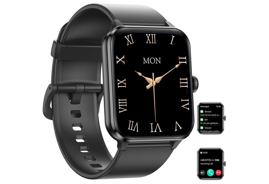 IOWODO Smartwatch Damen Herren 2026,350mAh (6 Tage), 1,85" HD,Bluetooth Anruf Smartwatch (1.85 Zoll, IOS/Android) Smartwatch Damen Herren,Smart Watch für Android iOS( 2 Armband) , mit Wechselband aus weichemSilikon und Ladekabel, Telefon,App-Fitnesskurse, SpO₂-/HR-/Schlafüberwachung,2 Armbänder,IP68 von IOWODO