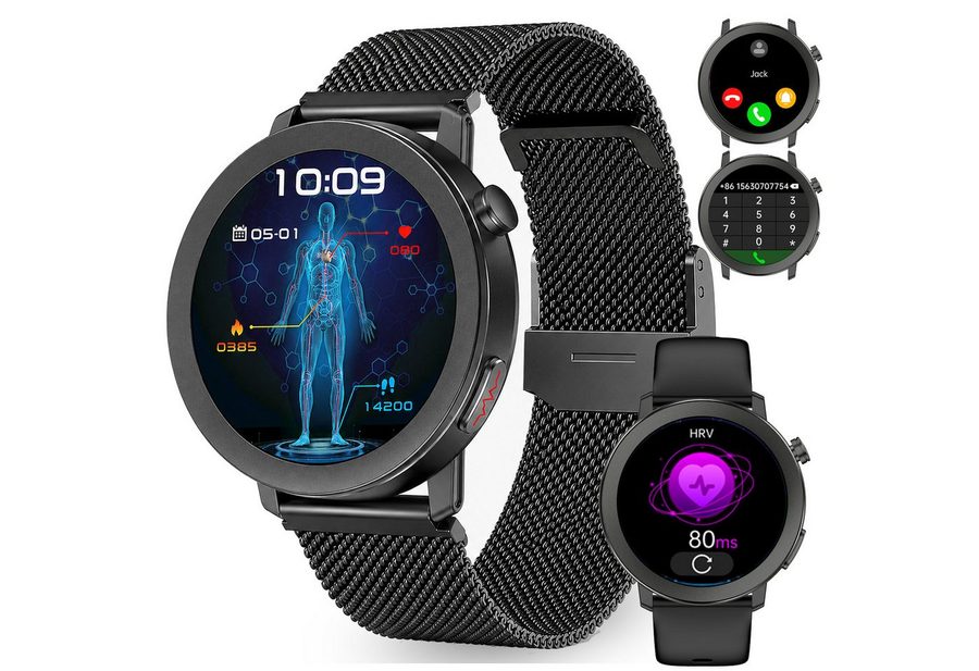 ANYSUN Smartwatch Herren Damen,Fitness Tracker Uhr mit Telefonfunktion Smartwatch (4,1 cm/1,46 Zoll) Gesundheitsuhr mit EKG+HRV/Blutdruckmessung/BMI, mit SOS-Notruf, IP68 100+ Sportmodi,24/7 Herzfrequenz/Schlafmonitor/SpO2, Android/iOS von ANYSUN