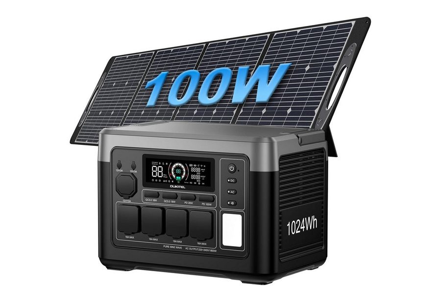 OUKITEL Stromerzeuger P1000E Plus 1800W/1024Wh Tragbare Powerstation, 1,8 in kW, (LiFePO4-Akku, 1-tlg., Mit 100W Solarpanel), Solargenerator mit 4*1800W AC Ausgänge, für Camping,Wohnmobil,Notfall von OUKITEL