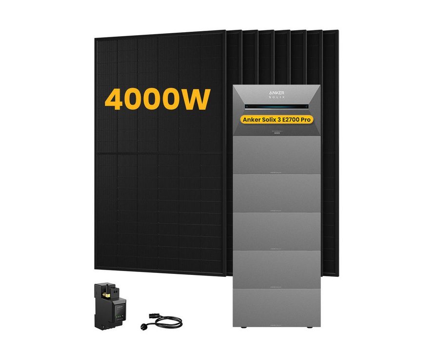Anker Balkonkraftwerk 4000W Anker SOLIX Solarbank 3 E2700 Pro mit Smart Meter, Zusatzsakkus, (Smart Meter und 8x 500Wp Full Black im Lieferumfang enthalten), Speicher mit integriertem Wechselrichter, All-in-One 2,668kWh Akku von Anker