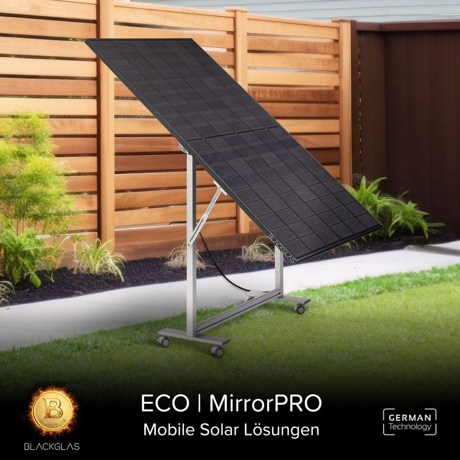 BLACKGLAS SolarScreen ECOmirrorPRO-445Wp-FBGG Hochformat, Bifacial, 7-stufig verstellbar, mit Rollen, BKW von BLACKGLAS