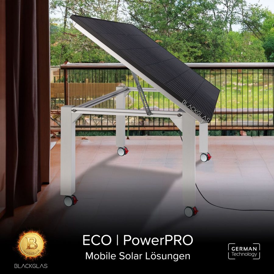 BLACKGLAS SolarTisch ECOpowerPRO 445Wp Solar Tischplatte, 7-stufig verstellbar, 80x80mm Tischbeine mit Rollen von BLACKGLAS