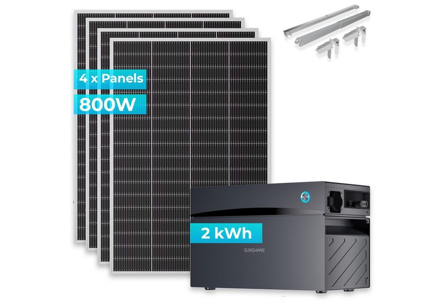 Sunshare Balkonkraftwerk Ray Lite 800W + Glory 2 kWh Speicher & Halterung, 200 W, Monokristallin N‑Typ TOPCon, (Komplettset, 4 Solarmodulen, 4 Universal-Balkonhalterungen, 1 Glory), Mit Smart-BMS, IP65-Schutz und App-Überwachung des Solarstroms. von Sunshare