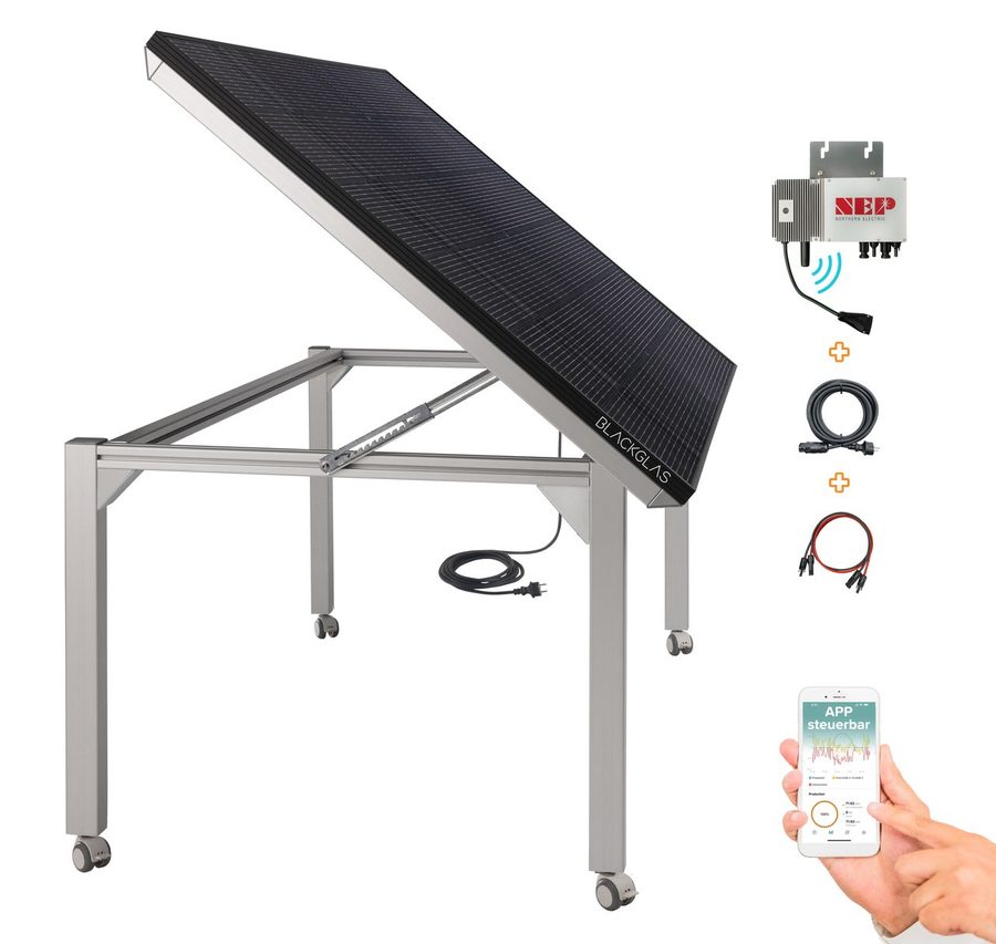 BLACKGLAS SolarTisch ECOflexPRO 445Wp Solar Tischplatte, 7-stufig verstellbar, 40x40mm Tischbeine mit Rollen von BLACKGLAS