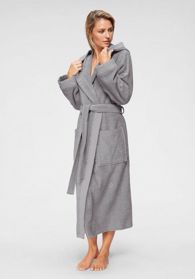 OTTO home Damenbademantel Livia, ideal für Sauna & Spa, Hotelbademantel, Langform, Walkfrottee, Kapuze, Gürtel, gemusterter Bordüre, langer Bademantel Damen, 100% Baumwolle, XS-2XL von OTTO home